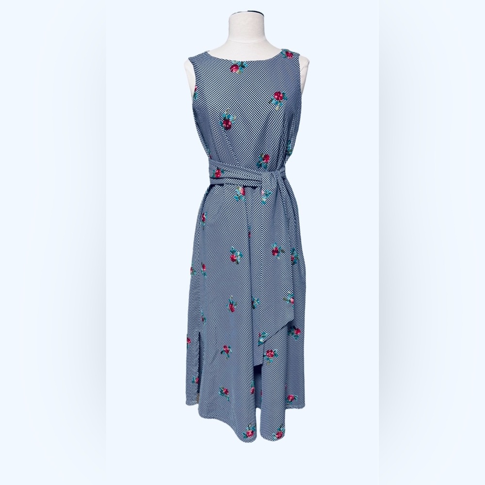 Anne Klein Dress Embroidered Navy Blue Check Lined Tie Waist Pockets Size 4